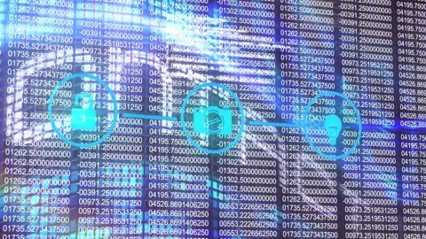 Animation of network of digital icons over contact us text banner and binary Stock Footage 327847786