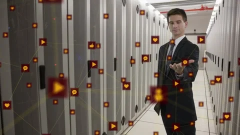 Animation of network of digital icons over male engineer holding an invisible Stock Footage 327957869
