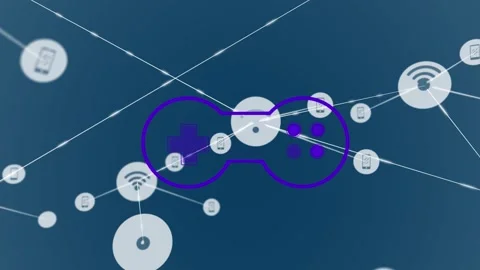 Animation of network of digital icons over video game controller against blue Stock Footage 328006936