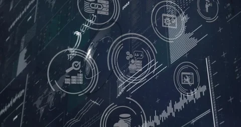 Animation of network of digital icons over multiple screens with data processing Stock Footage 328298929