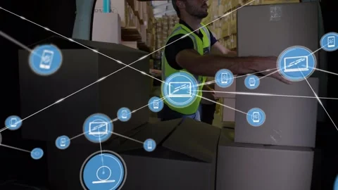 Animation of network of digital icons over caucasian male worker stacking boxes Stock Footage 328646427
