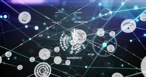Animation of network of digital icons over spinning globe and plexus networks on Stock Footage 328646606