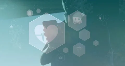 Animation of network of digital icons over african american man using smartphone Stock Footage 329101227