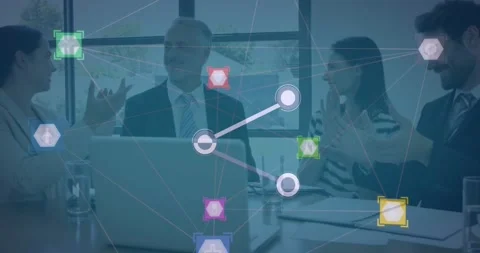 Animation of network of digital icons over diverse businesspeople clapping Stock Footage 329125517