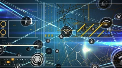 Animation of network of digital icons over interface with data processing and Stock Footage 329310588