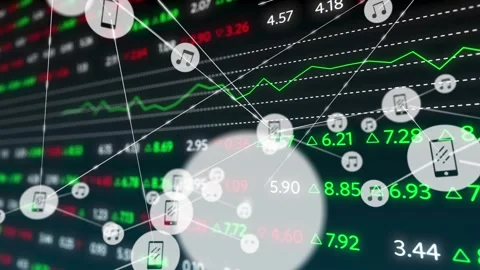 Animation of network of digital icons over stock market data processing against Stock Footage 329368250