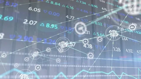 Animation of network of digital icons over stock market data processing against Stock Footage 329863896