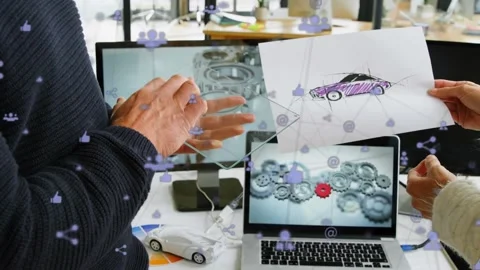 Animation of network of digital icons over mid section of man using glass tablet Stock Footage 330052531