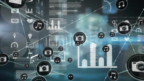 Animation of network of digital icons over screens with data processing against Stock Footage 330113742
