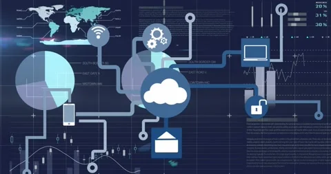 Animation of network of digital icons over statistical data processing against Stock Footage 330402951