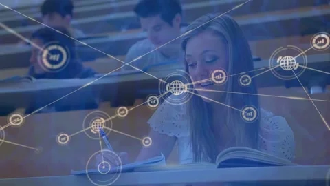 Animation of network of digital icons over caucasian girl studying in class at Stock Footage 330413008