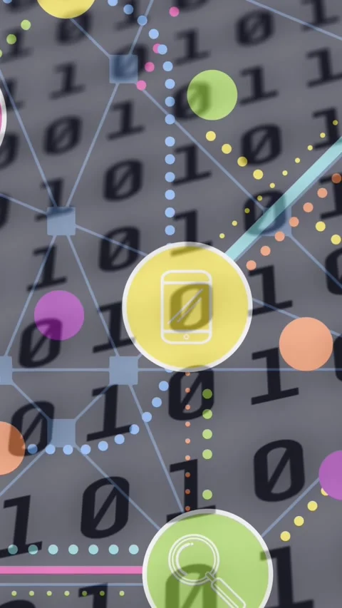 Animation of network of digital icons over binary coding on grey background Stock Footage 331646627