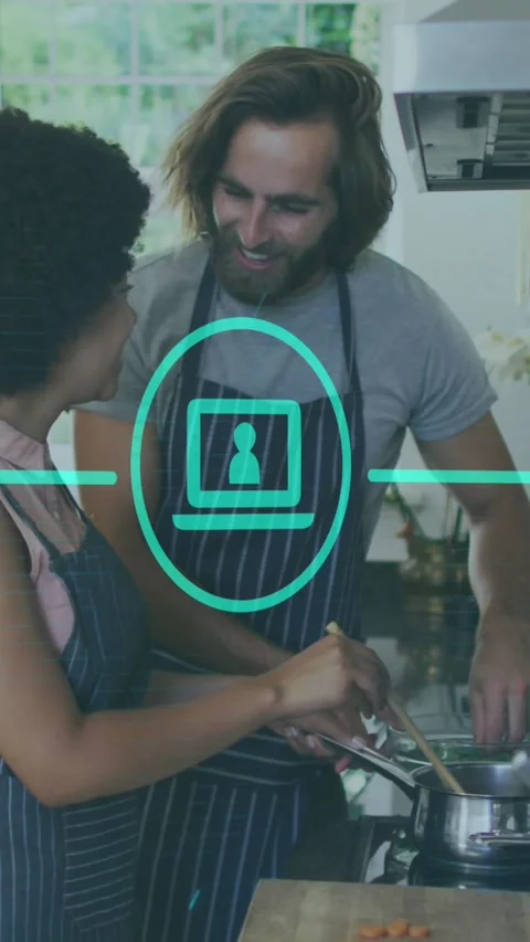 Animation of network of digital icons over couple cooking together in the Stock Footage 341956585