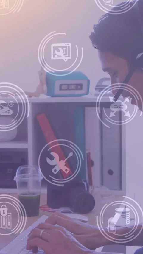 Animation of network of digital icons over businessman using phone headset and Stock Footage 342136151