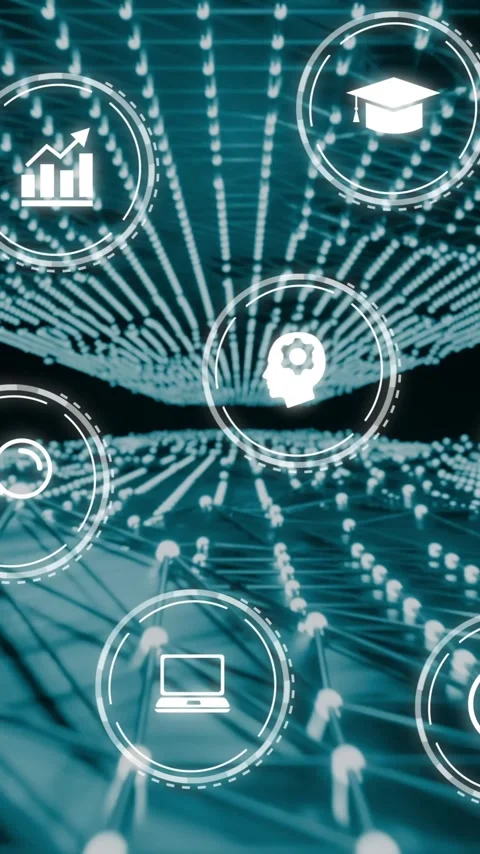 Animation of network of digital icons over green mesh on black background Stock Footage 342599561
