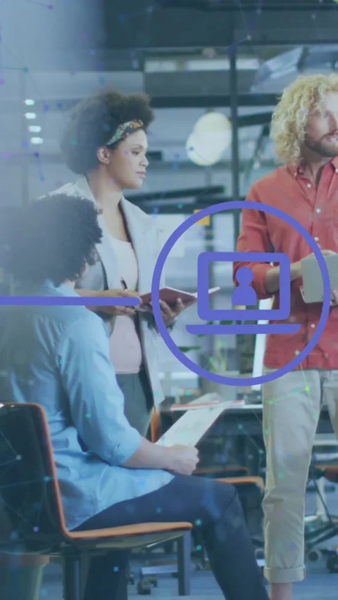 Animation of network of digital icons over team of diverse colleagues discussing Stock Footage 343615644