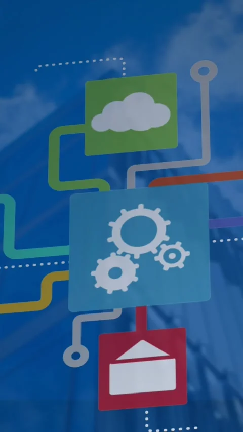 Animation of network of digital icons over tall buildings against clouds in the Видео 343828819