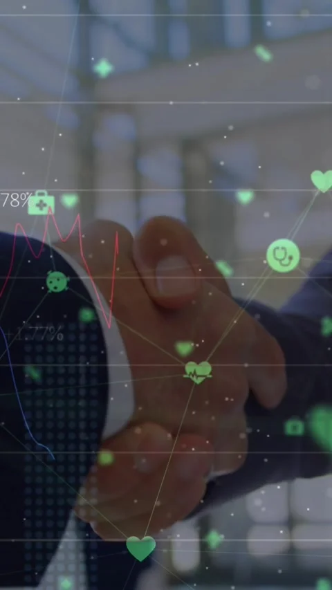 Animation of network of digital icons over mid section of two businessmen Stock Footage 344524680
