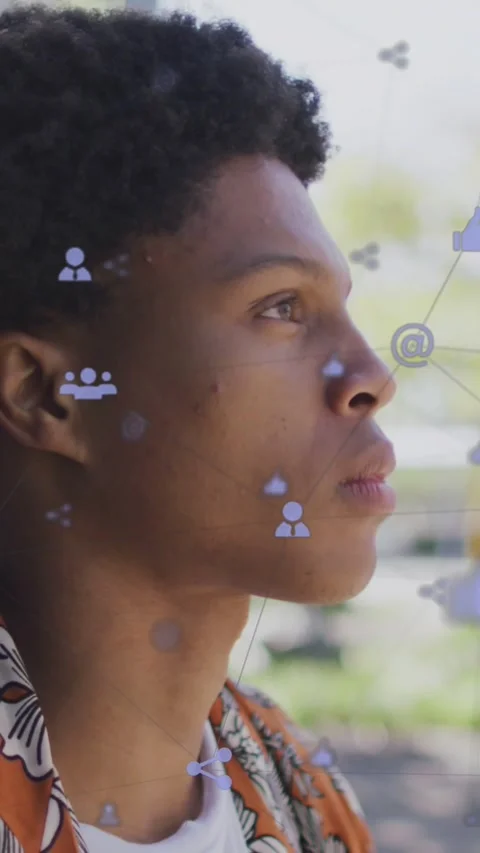 Animation of network of digital icons over african american man drinking coffee Stock Footage 344706615