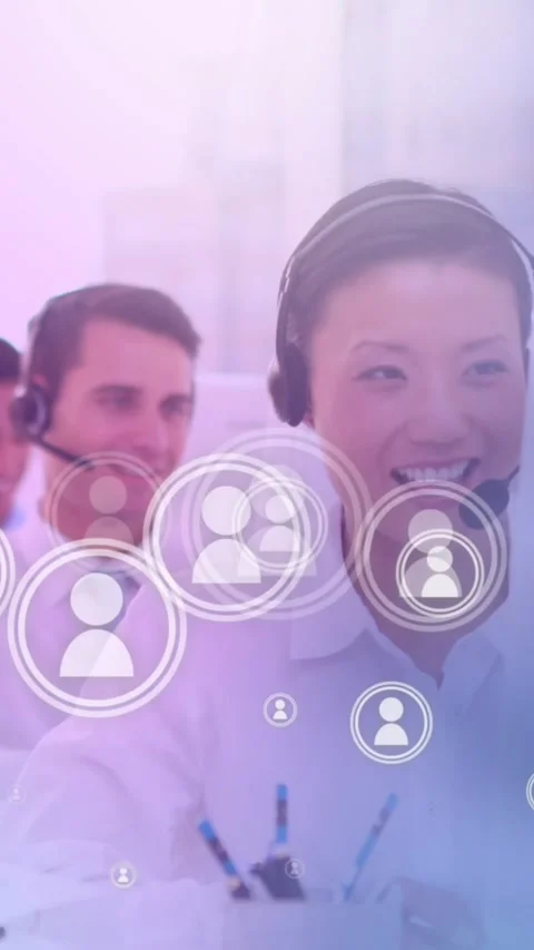 Animation of network of digital people icons over team of colleagues with phone Stock Footage 342097290