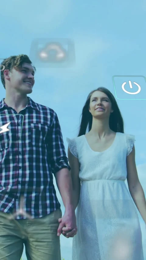 Animation of network of eco icons over caucasian couple in vineyard Vídeo Stock 343504710