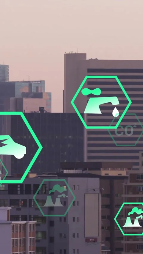 Animation of network of eco icons over cityscape Stockbeeldmateriaal 343504718