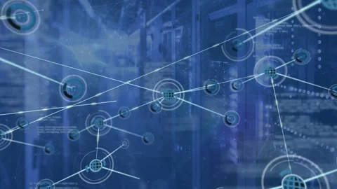 Animation of network of globe icons connecting with lines against computer Stock Footage 328518589