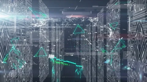 Animation of network of green triangles over computer servers Stock Footage 326094722