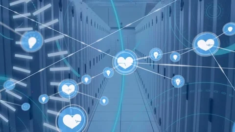 Animation of network of health and idea icons exchanging data over computer Stock Footage 330294587