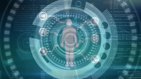 Animation of network of human model and icons in space with data processing and Video stock 330057771
