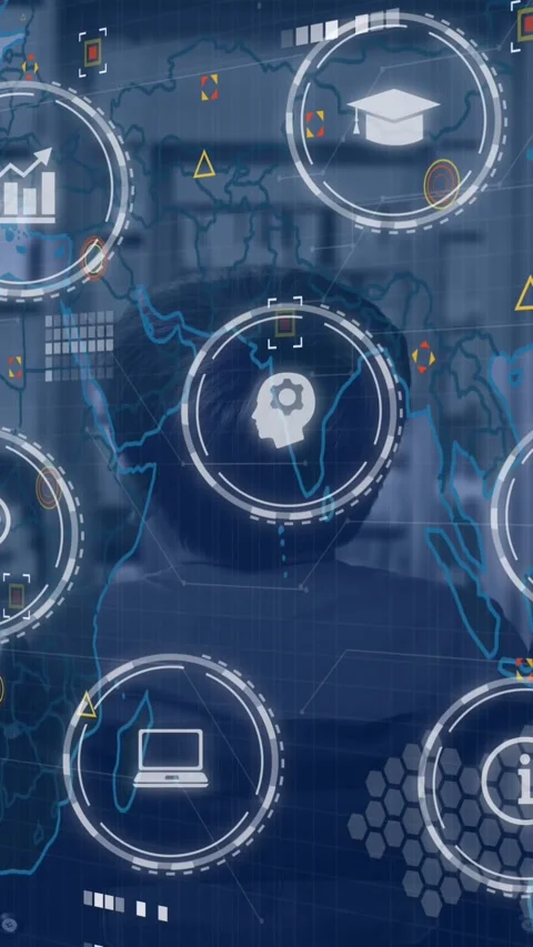 Animation of network of icons and data processing over woman in library Stock Footage 344284266