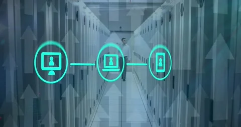 Animation of network of icons, arrow icons over caucasian male engineer walking Stock Footage 326409357