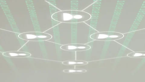 Animation of network of icons with binary coding over caucasian businesswoman Stock Footage 312409871