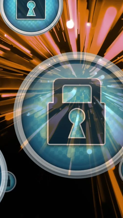 Animation of network of icons with digital padlocks over orange fibre optic Stock Footage 342608654