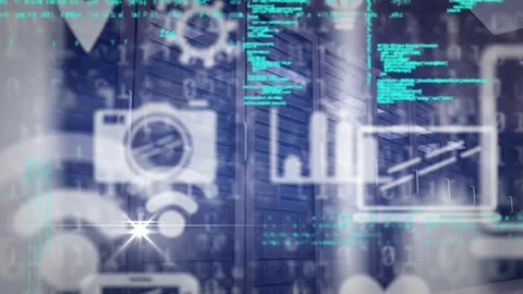 Animation of network of icons over computer servers Stock Footage 330593687