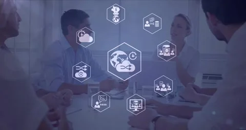 Animation of network of icons over diverse businesspeople in office Stock Footage 327060782