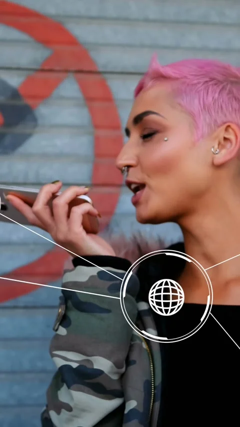 Animation of network of icons over hipster woman talking on smartphone on the Stock Footage 320854335