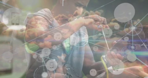 Animation of network lines connecting dots, african man fixing prosthetic leg Stock Footage 328506786