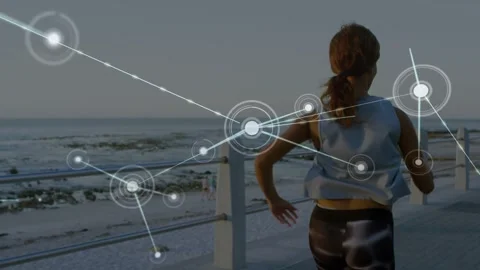 Animation of network lines connecting dots, caucasian woman running on pier at Stock Footage 329361873