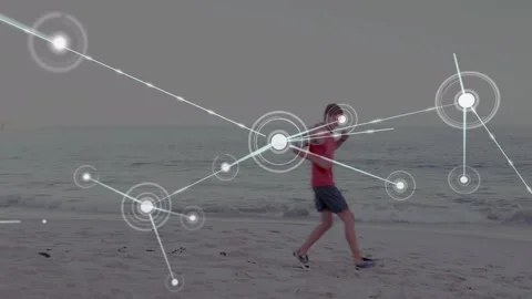 Animation of network lines connecting dots, caucasian man checking mobile while Stock Footage 329419720