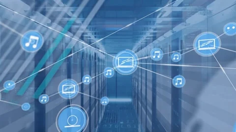Animation of network of media icons exchanging data over computer server room Video stock 327357997