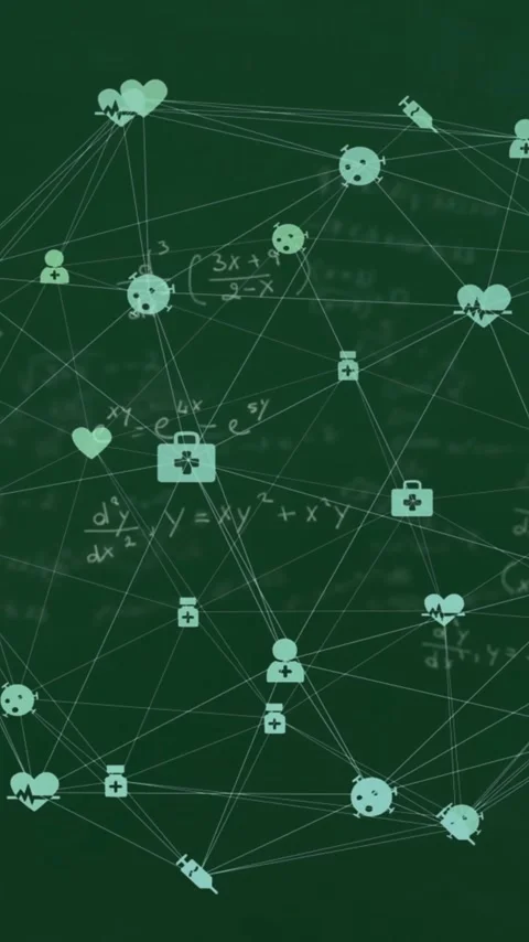 Animation of network of media icons over mathematical equations on chalkboard Stock Footage 319458107