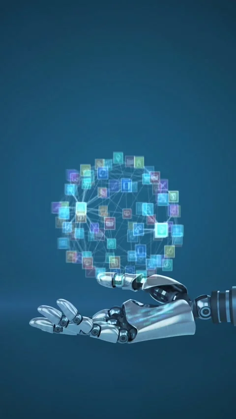 Animation of network of media icons over hand of robot arm, with moving light on Stock Footage 344557407