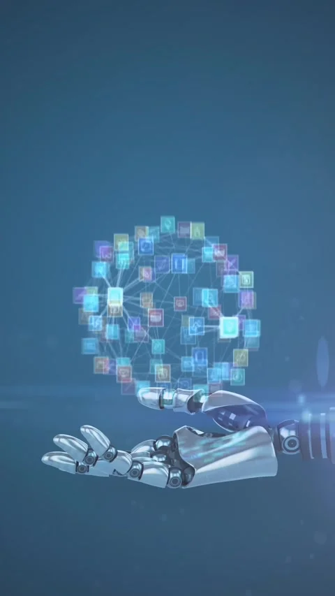Animation of network of media icons over hand of robot arm, with moving light on Stock Footage 344595492