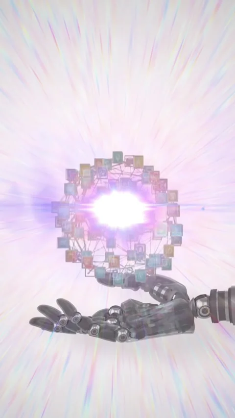 Animation of network of media icons over hand of robot arm, with prismatic light Stock Footage 344595512