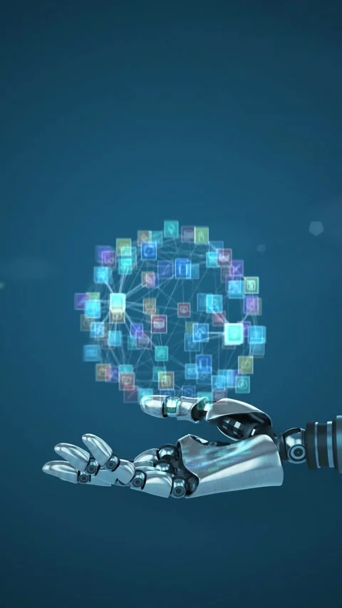 Animation of network of media icons over hand of robot arm, with pink light on Stock Footage 344693356