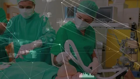 Animation of network with medical records over caucasian surgeons operating Stock Footage 329124802