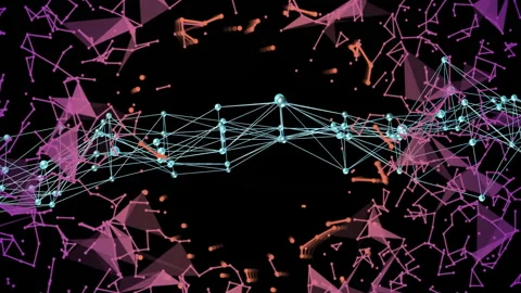 Animation of network nodes and geometric shapes on black background Stock Footage 304843398