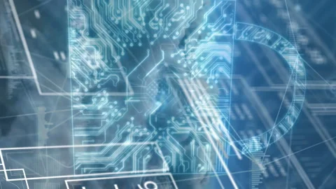 Animation of network, padlock, charts and data processing over blue cloudy sky Video stock 313121237