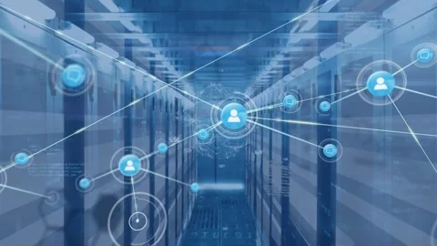 Animation of network of people icons exchanging data over computer server room Video stock 327360388